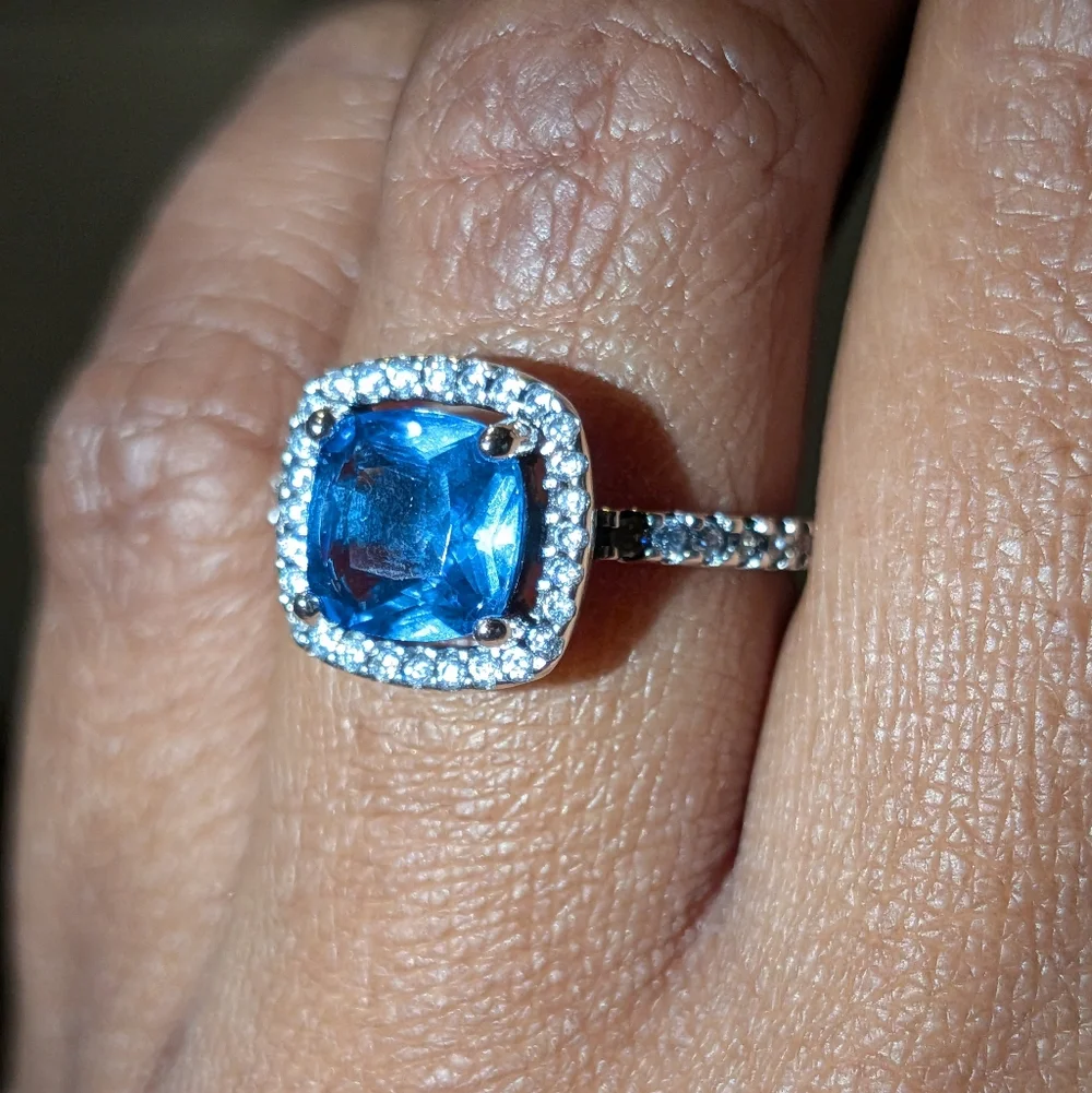 Blue Sapphire 925 Silver Halo Ring with Diamond Accents Sz 6